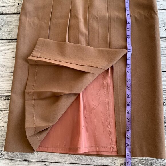 Vintage Camel Pleated High Rise Asymmetric Waist Midi Skirt - Picture 15 of 15